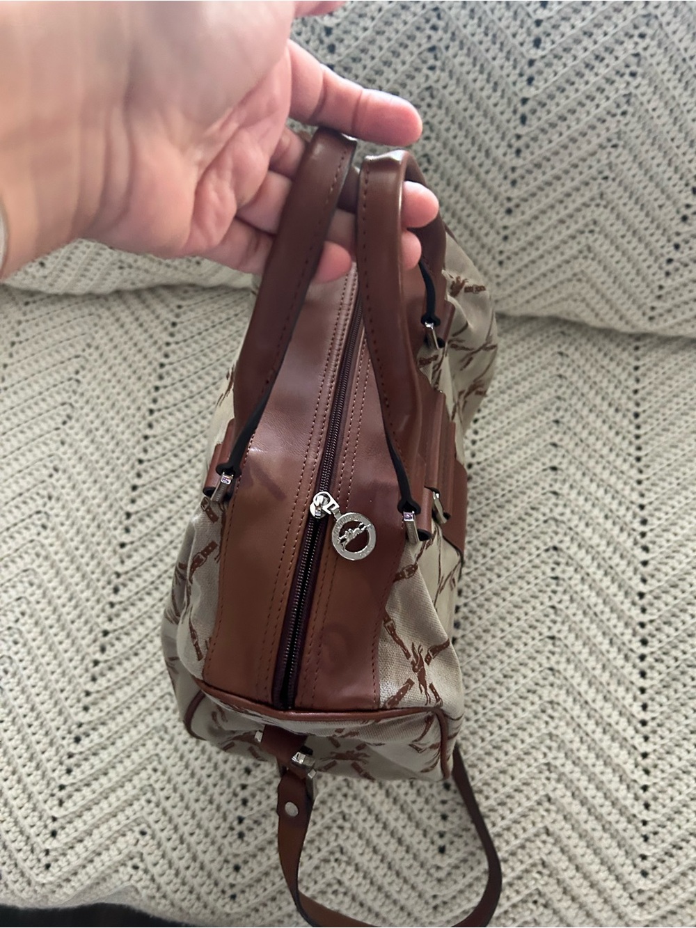 Longchamp Beige & Brown Monogram Top-Handle Satchel - Picture 2 of 11